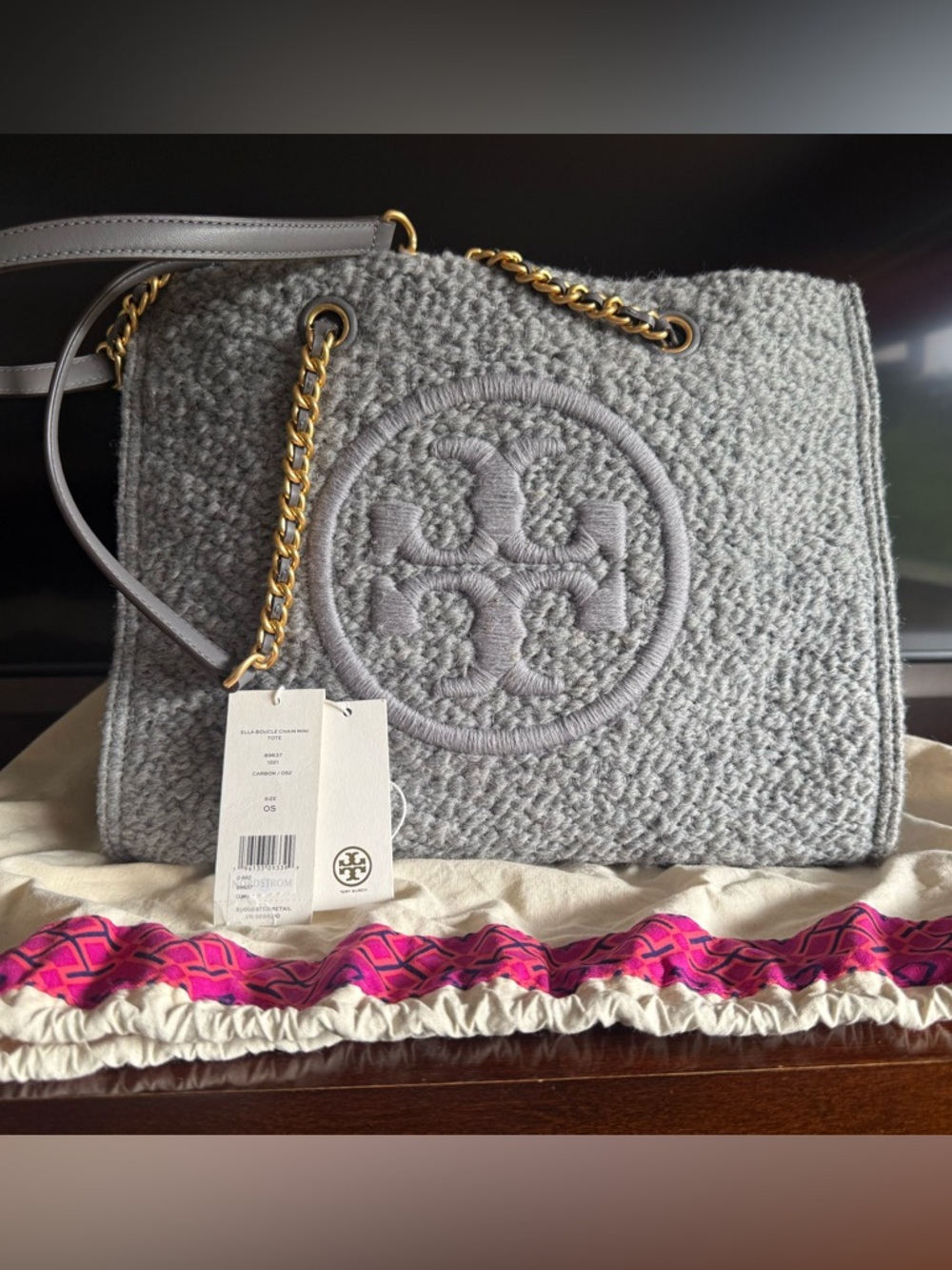 Tory Burch Ella Boucle Chain Gray Logo Tote Bag